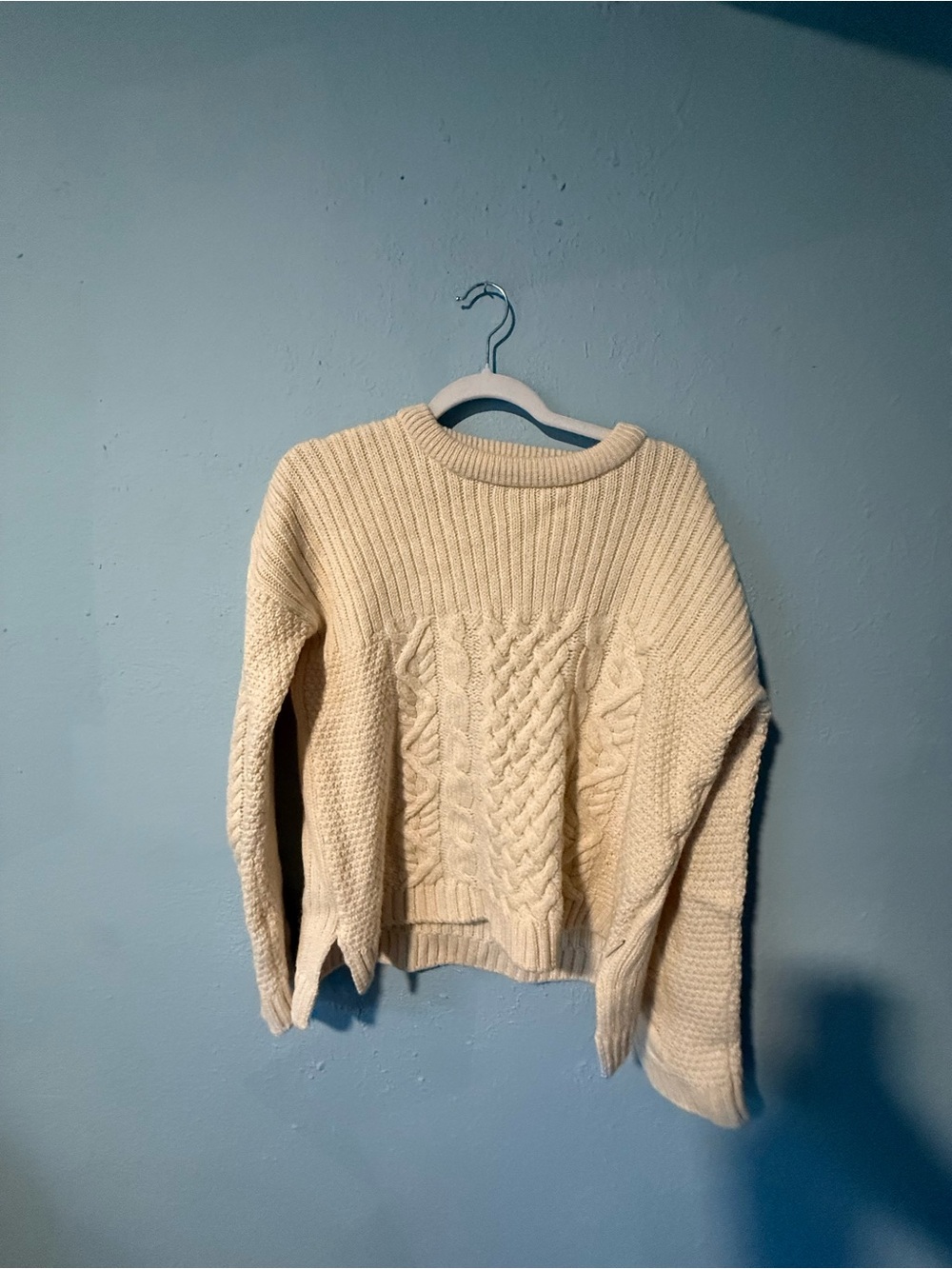 Peregrine Women’s Large Merino Wool Cable Knit Crewneck Sweater - Cream